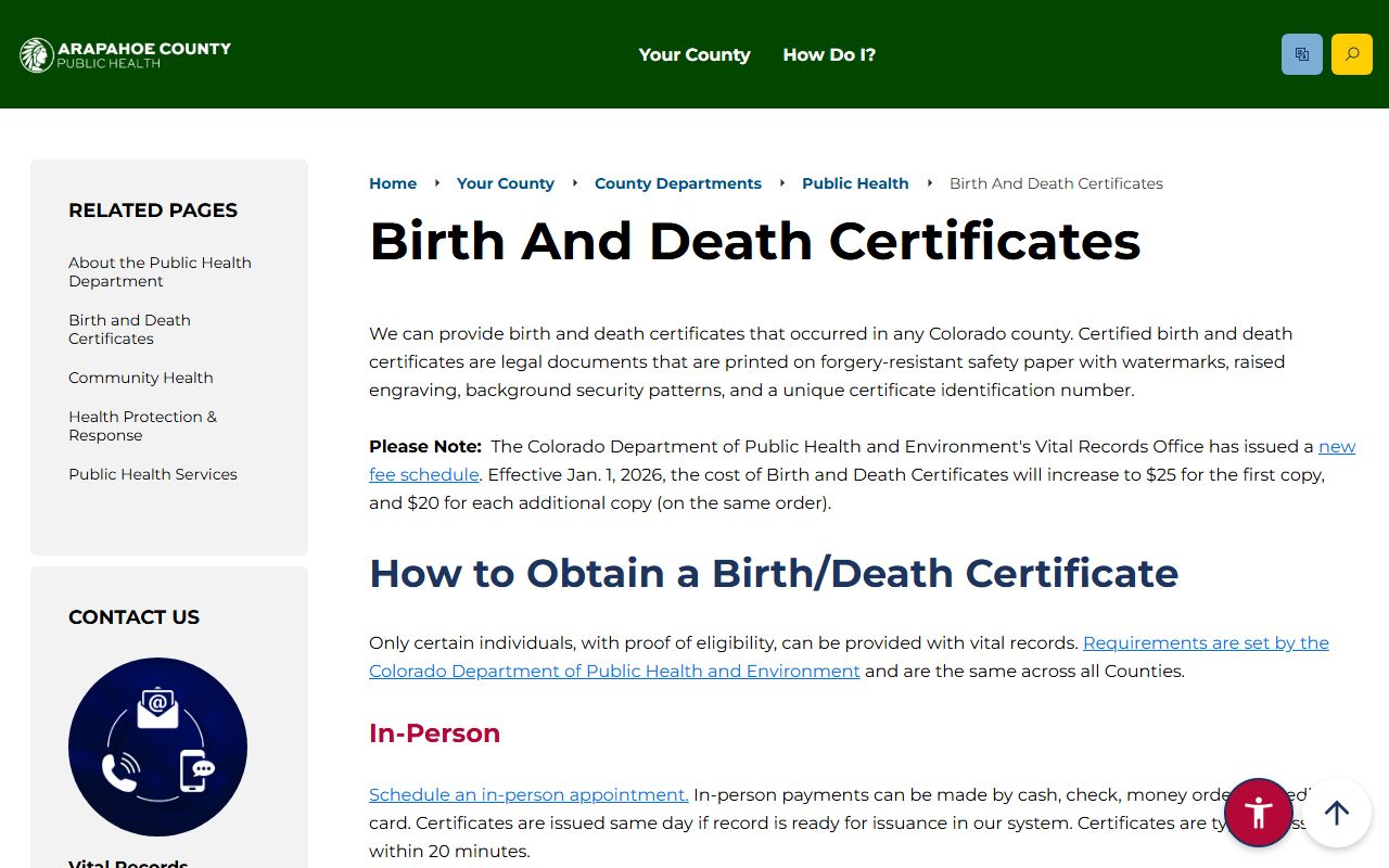 Arapahoe County Public Health Department birth and death certificates page