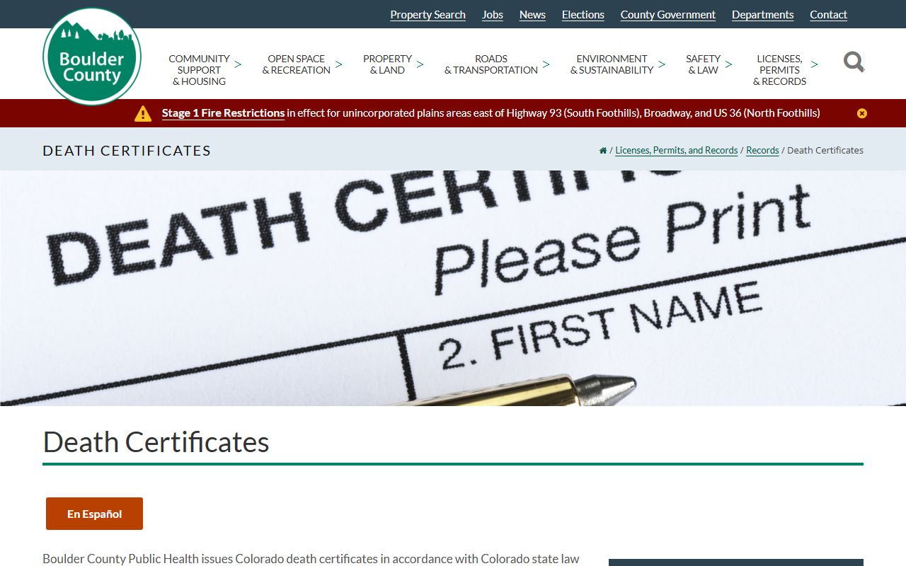 Boulder County Public Health death certificate information page