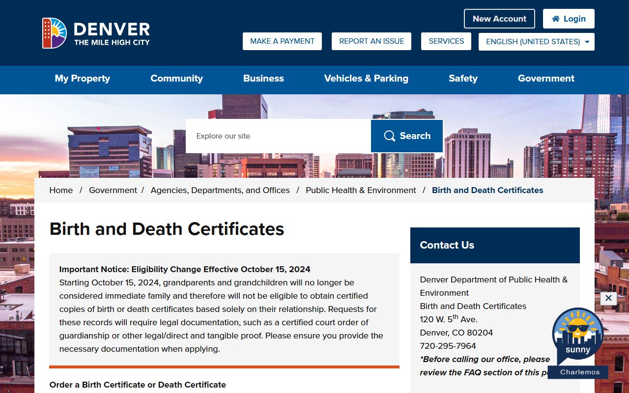 Denver Department of Public Health & Environment birth and death certificates page