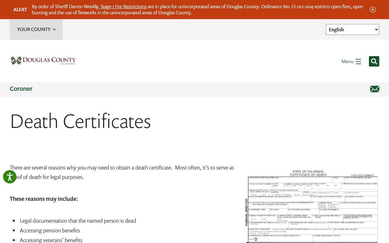 Douglas County Health Department coroner information page for death records