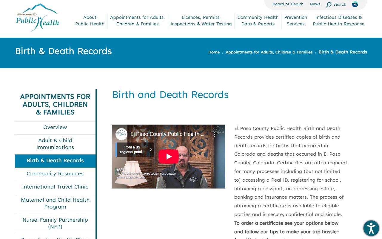 El Paso County Public Health vital records main page
