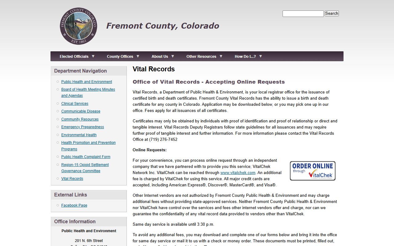 Fremont County Public Health and Environment vital records main page
