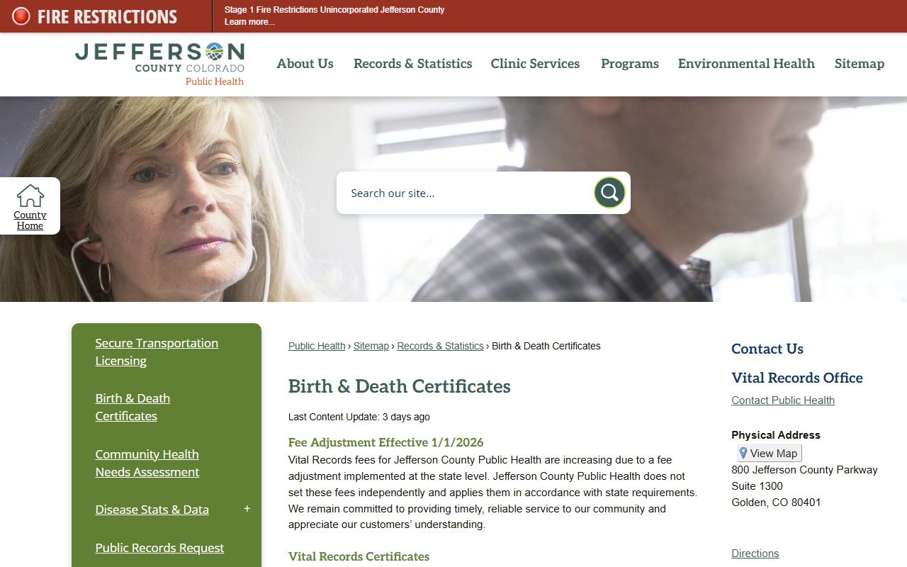 Jefferson County Vital Records birth and death certificates information page