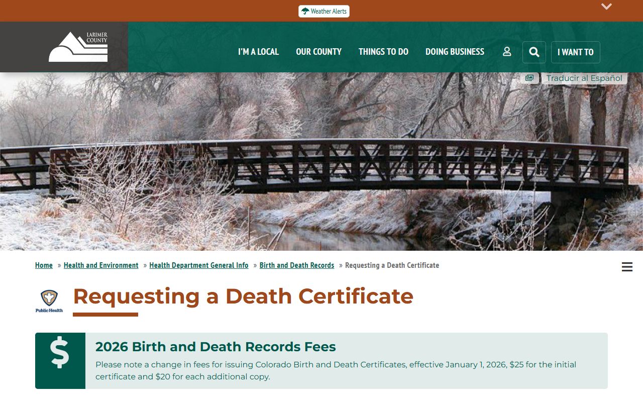 Larimer County Health Department death certificate information page