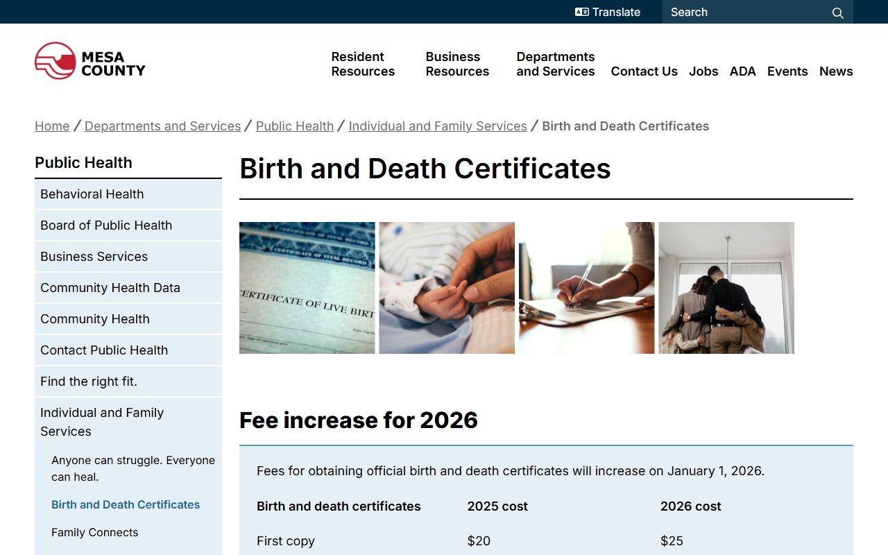 Mesa County Public Health vital records main page