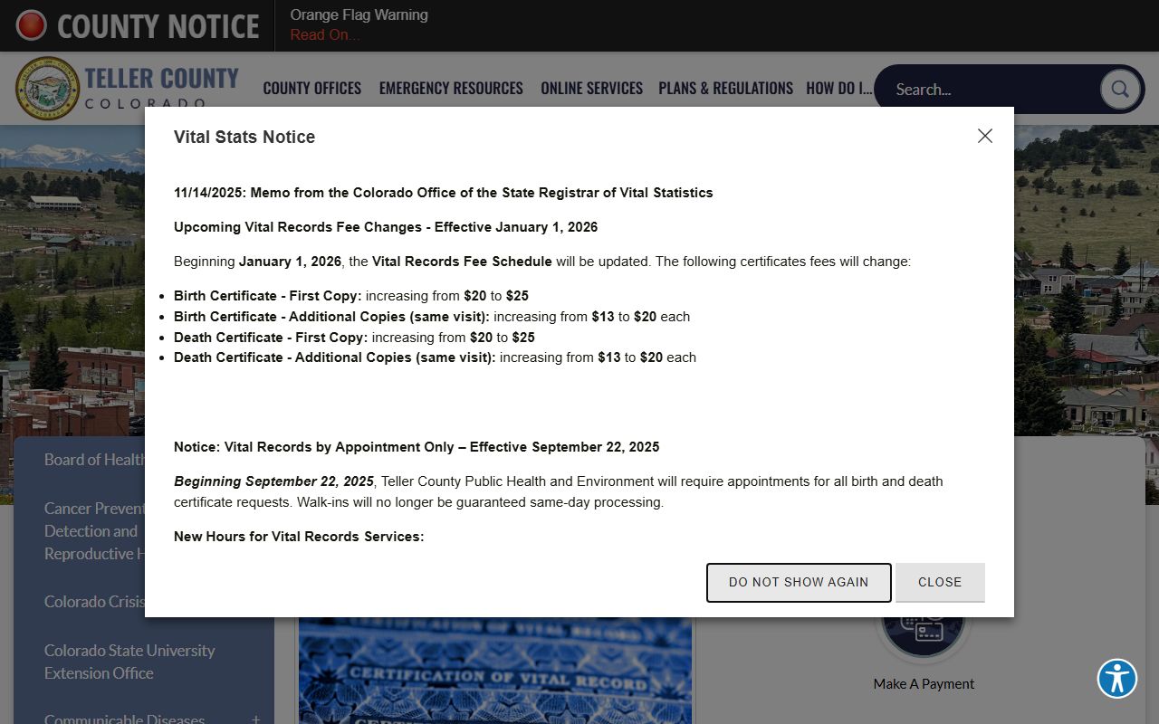 Teller County Public Health and Environment Vital Records birth and death certificates page