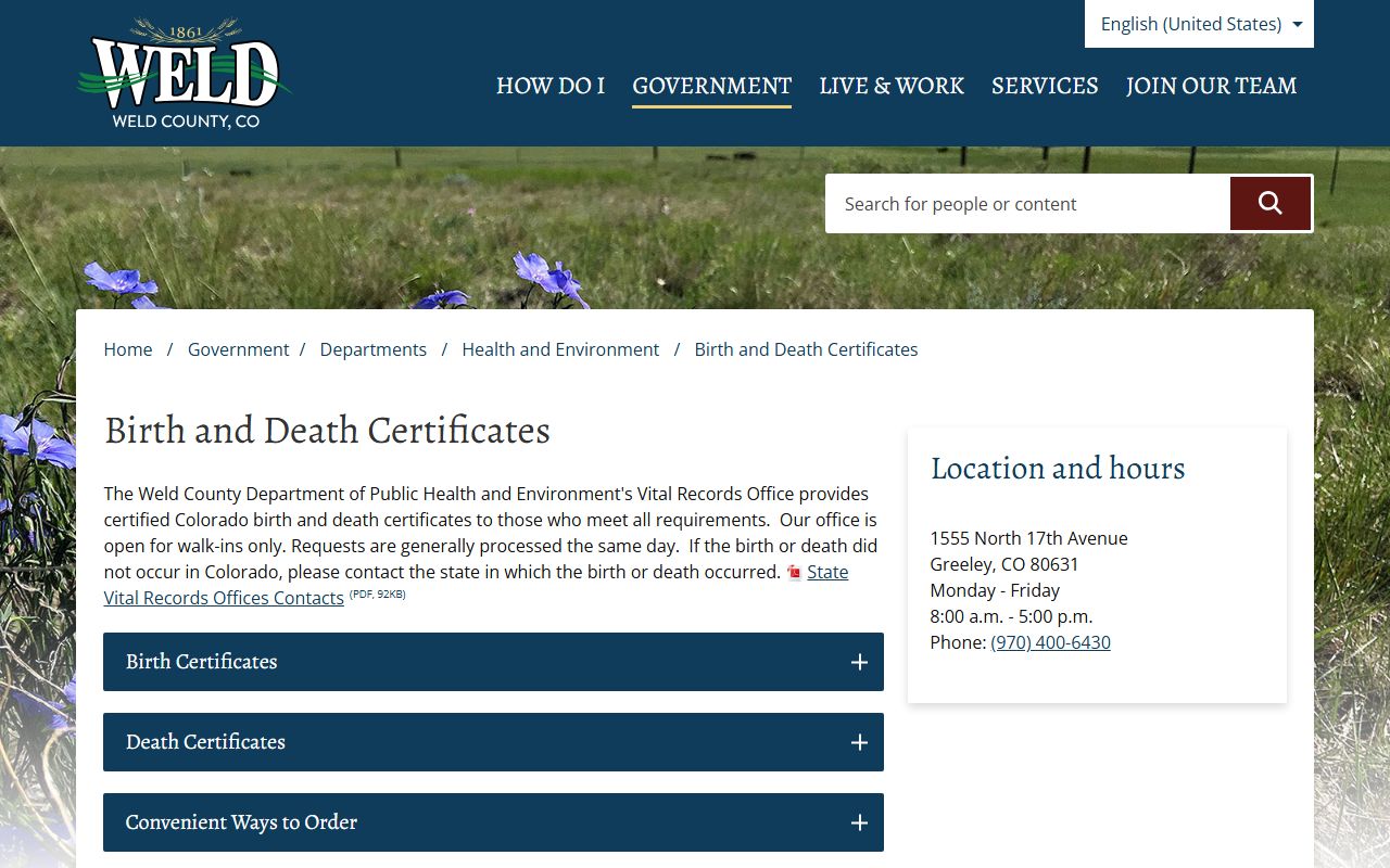 Weld County Health Department birth and death certificates information page