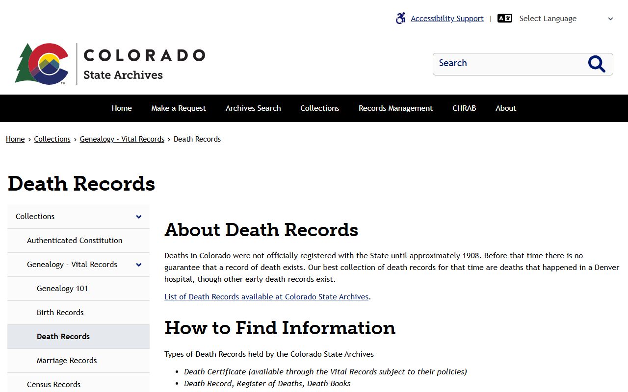 Colorado State Archives genealogy and death records page