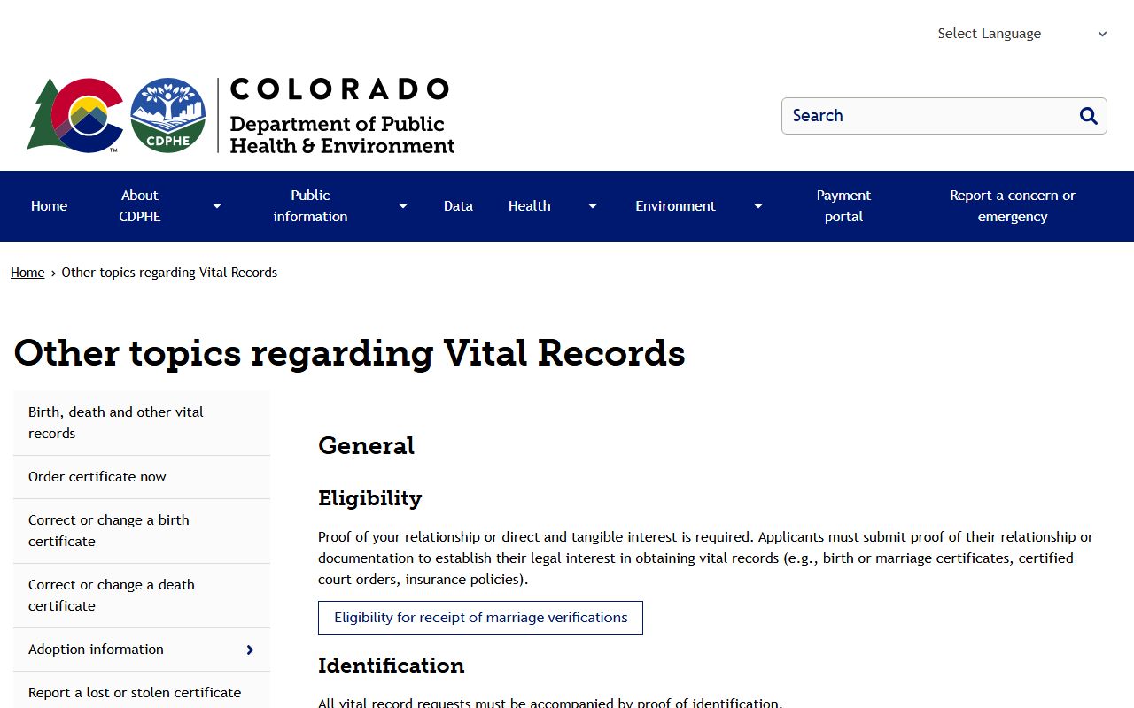 Colorado death certificate eligibility requirements page