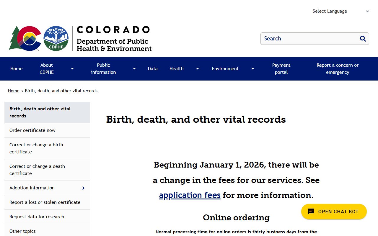 Colorado Department of Public Health and Environment Vital Records main portal