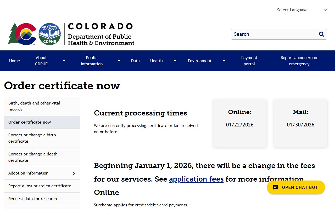 Colorado death certificate ordering options page